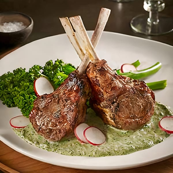 Two grilled lamb chops with bone, green sauce, kale, radishes, and green beans on a white plate.